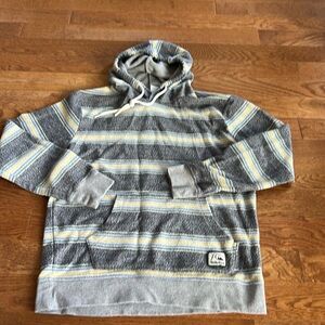 Quicksilver large hoodie sweatshirt grey yellow blue stripe front pocket